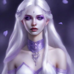 A digital art image captures a young drow woman with light purple skin