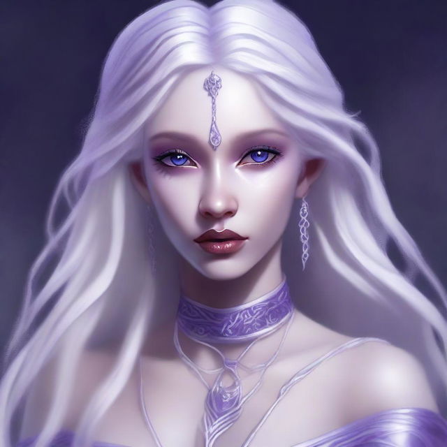 A digital art image captures a young drow woman with light purple skin