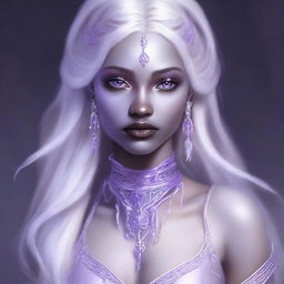 A digital art image captures a young drow woman with light purple skin