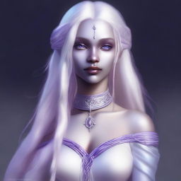 A digital art image captures a young drow woman with light purple skin