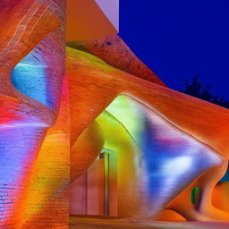 Eliminate vignetting and enhance brightness for a cheerful ambiance, featuring the multicolored brick house inspired by Zaha Hadid and Antonio Gaudi.