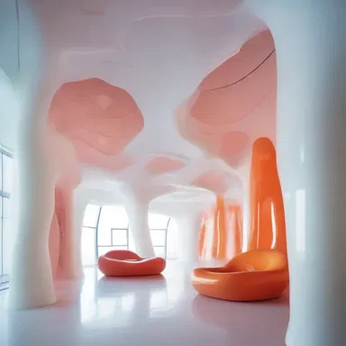The architect used gooey materials like melted plastic to create a unique and futuristic design for the interior of the building.