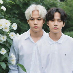 Jimin with white hair and blue eyes, and Jungkook with dark eyes and hair, both comfortably located in a garden brimming with pristine white daphnes.