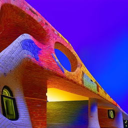 Eliminate vignetting and enhance brightness for a cheerful ambiance, featuring the multicolored brick house inspired by Zaha Hadid and Antonio Gaudi.