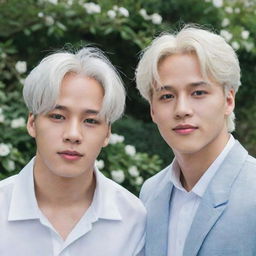 Jimin with white hair and blue eyes, and Jungkook with dark eyes and hair, both comfortably located in a garden brimming with pristine white daphnes.