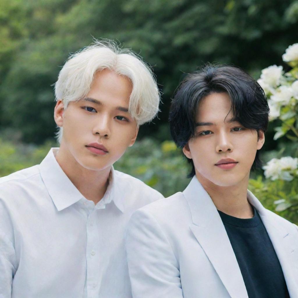 Jimin with white hair and blue eyes, and Jungkook with dark eyes and hair, both comfortably located in a garden brimming with pristine white daphnes.