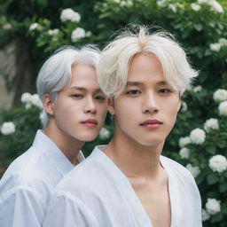 Jimin with white hair and blue eyes, and Jungkook with dark eyes and hair, both comfortably located in a garden brimming with pristine white daphnes.