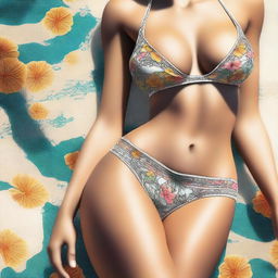 This is a high-quality digital art image from a female's perspective, looking down at her body clad in a bikini