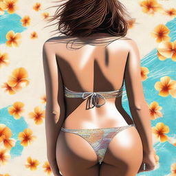 This is a high-quality digital art image from a female's perspective, looking down at her body clad in a bikini