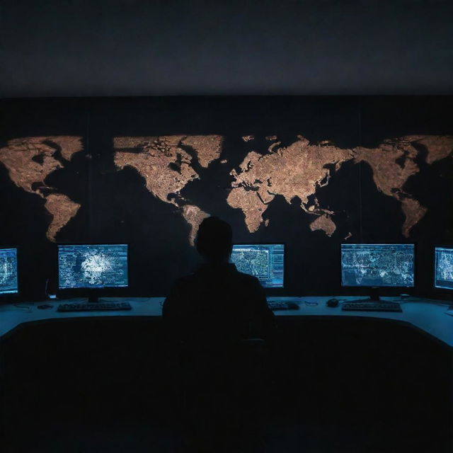 A hacker in a dark room, lit only by the glow of multiple computer screens displaying complex codes and world maps