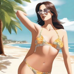 A high-quality digital art image illustrating a woman's perspective, looking down at her own body dressed in a bikini