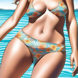 A high-quality digital art image illustrating a woman's perspective, looking down at her own body dressed in a bikini