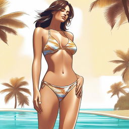 A high-quality digital art image illustrating a woman's perspective, looking down at her own body dressed in a bikini