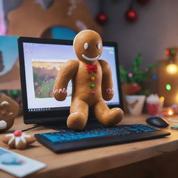 An animated gingerbread man engrossed in playing Fortnite on his personal computer, surrounded by vibrant virtual elements from the game.