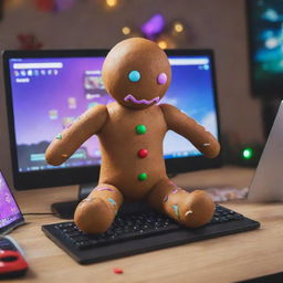 An animated gingerbread man engrossed in playing Fortnite on his personal computer, surrounded by vibrant virtual elements from the game.