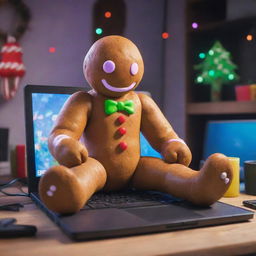 An animated gingerbread man engrossed in playing Fortnite on his personal computer, surrounded by vibrant virtual elements from the game.