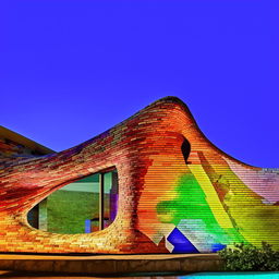 Eliminate vignetting and enhance brightness for a cheerful ambiance, featuring the multicolored brick house inspired by Zaha Hadid and Antonio Gaudi.