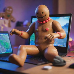 An animated gingerbread man engrossed in playing Fortnite on his personal computer, surrounded by vibrant virtual elements from the game.