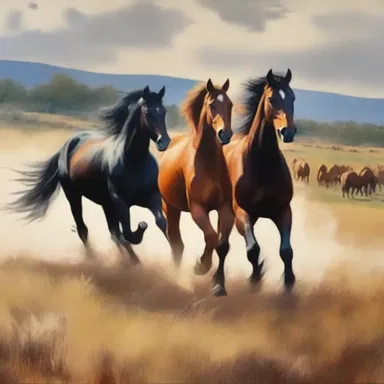 The artist created a beautiful painting depicting a duad of horses running through a field.