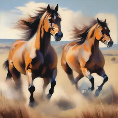 The artist created a beautiful painting depicting a duad of horses running through a field.