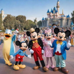 Classic Disney characters including Mickey Mouse, Goofy, Donald Duck, and Minnie Mouse in a vibrant, celebratory scene at Disneyland