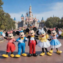 Classic Disney characters including Mickey Mouse, Goofy, Donald Duck, and Minnie Mouse in a vibrant, celebratory scene at Disneyland