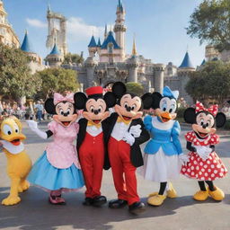 Classic Disney characters including Mickey Mouse, Goofy, Donald Duck, and Minnie Mouse in a vibrant, celebratory scene at Disneyland