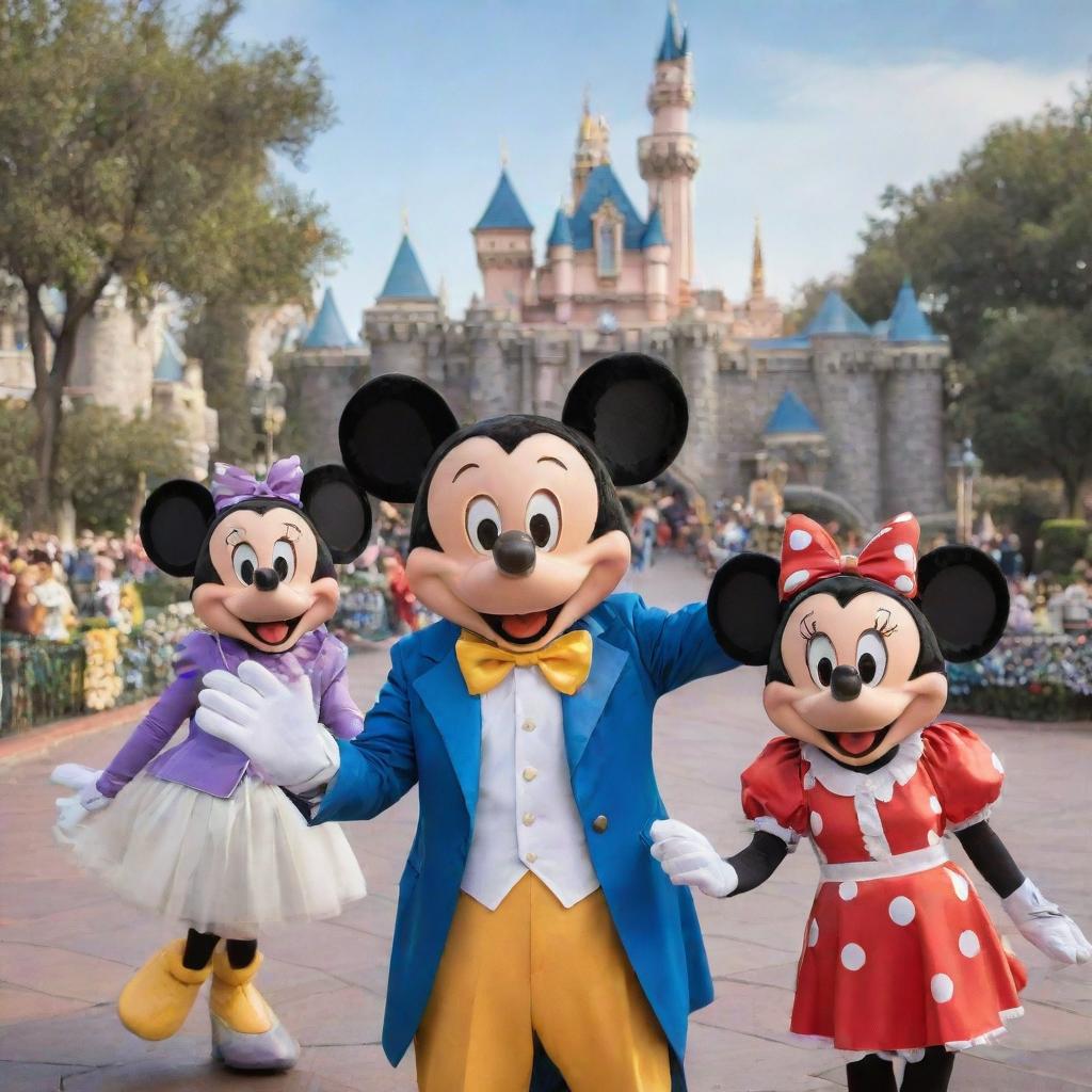 Classic Disney characters including Mickey Mouse, Goofy, Donald Duck, and Minnie Mouse in a vibrant, celebratory scene at Disneyland