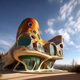 Retouch the existing image: clear skies, bright sunshine, joyful atmosphere, no moodiness, multicolored brick house, Zaha Hadid's fluidity, Antonio Gaudi's creativity.