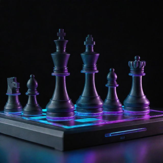 A futuristic cyberpunk-inspired chess set, with neon highlights and high-tech details