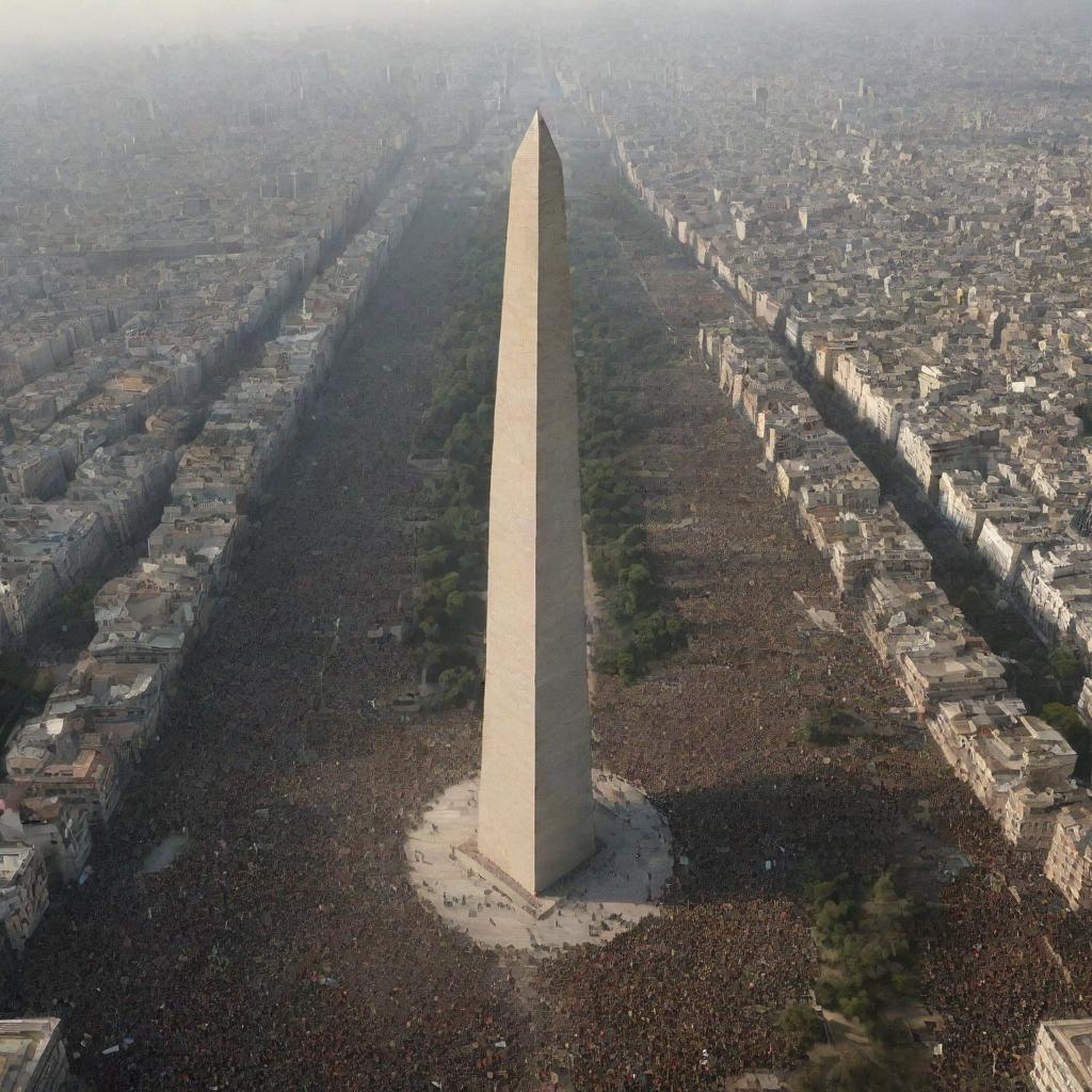 A scenario of a vast country, housing a towering obelisk in its center, surrounded by a diverse crowd of a million impoverished individuals.