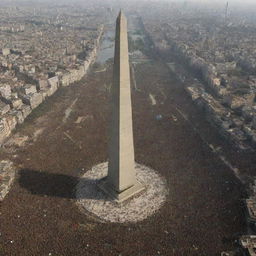 A scenario of a vast country, housing a towering obelisk in its center, surrounded by a diverse crowd of a million impoverished individuals.