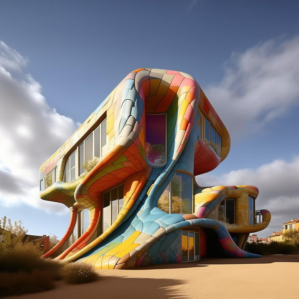 Retouch the existing image: clear skies, bright sunshine, joyful atmosphere, no moodiness, multicolored brick house, Zaha Hadid's fluidity, Antonio Gaudi's creativity.