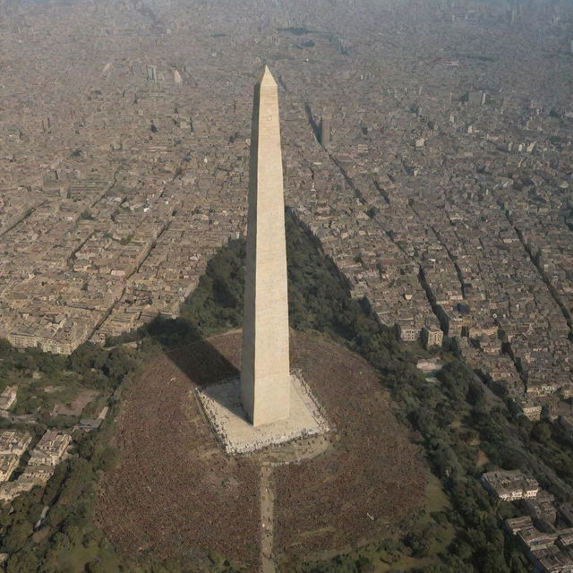 A scenario of a vast country, housing a towering obelisk in its center, surrounded by a diverse crowd of a million impoverished individuals.