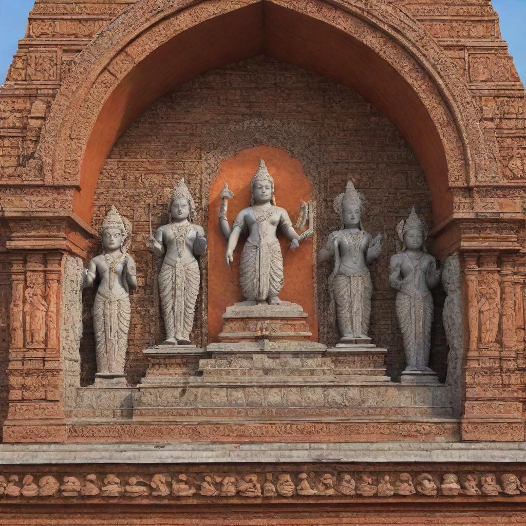 A 3D, intricately designed shrine in Ayodhya featuring statues of Lord Rama, with the flag of Lord Rama prominently displayed.