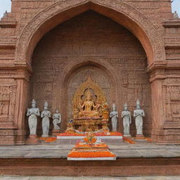 A 3D, intricately designed shrine in Ayodhya featuring statues of Lord Rama, with the flag of Lord Rama prominently displayed.