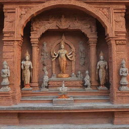 A 3D, intricately designed shrine in Ayodhya featuring statues of Lord Rama, with the flag of Lord Rama prominently displayed.