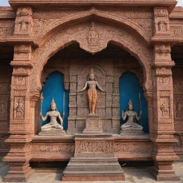 A 3D, intricately designed shrine in Ayodhya featuring statues of Lord Rama, with the flag of Lord Rama prominently displayed.