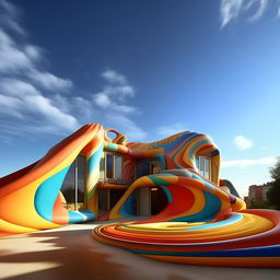 Retouch the existing image: clear skies, bright sunshine, joyful atmosphere, no moodiness, multicolored brick house, Zaha Hadid's fluidity, Antonio Gaudi's creativity.