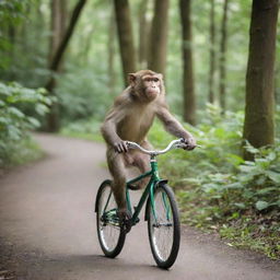 A mischievous monkey riding a bicycle along a forest trail, the lush green trees providing a vibrant backdrop.