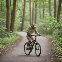 A mischievous monkey riding a bicycle along a forest trail, the lush green trees providing a vibrant backdrop.