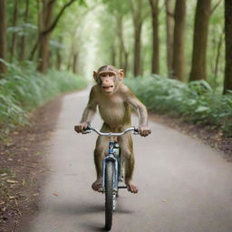 A mischievous monkey riding a bicycle along a forest trail, the lush green trees providing a vibrant backdrop.