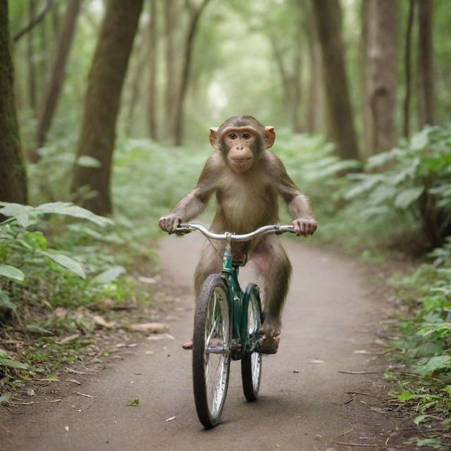 A mischievous monkey riding a bicycle along a forest trail, the lush green trees providing a vibrant backdrop.