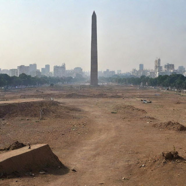 A ground-level view of a country, where a towering obelisk looms in the vicinity of a million destitute citizens.