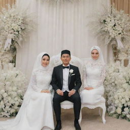 Indonesian wedding scene with a groom in a suit and cap and a bride in a white dress and hijab. Behind them, white wedding chairs and decorations displaying 'Novi Kenzz & Idin'.