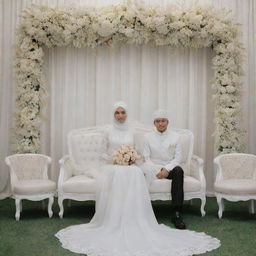 Indonesian wedding scene with a groom in a suit and cap and a bride in a white dress and hijab. Behind them, white wedding chairs and decorations displaying 'Novi Kenzz & Idin'.