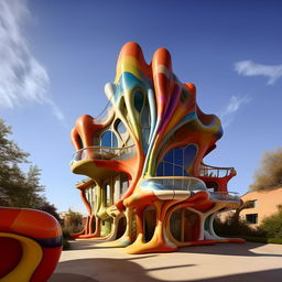 Retouch the existing image: clear skies, bright sunshine, joyful atmosphere, no moodiness, multicolored brick house, Zaha Hadid's fluidity, Antonio Gaudi's creativity.