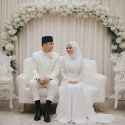 Indonesian wedding scene with a groom in a suit and cap and a bride in a white dress and hijab. Behind them, white wedding chairs and decorations displaying 'Novi Kenzz & Idin'.