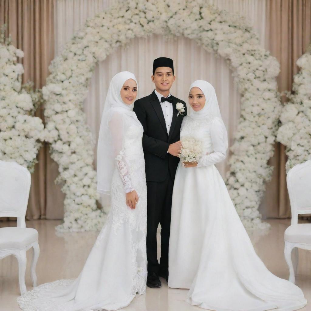 Indonesian wedding scene with a groom in a suit and cap and a bride in a white dress and hijab. Behind them, white wedding chairs and decorations displaying 'Novi Kenzz & Idin'.