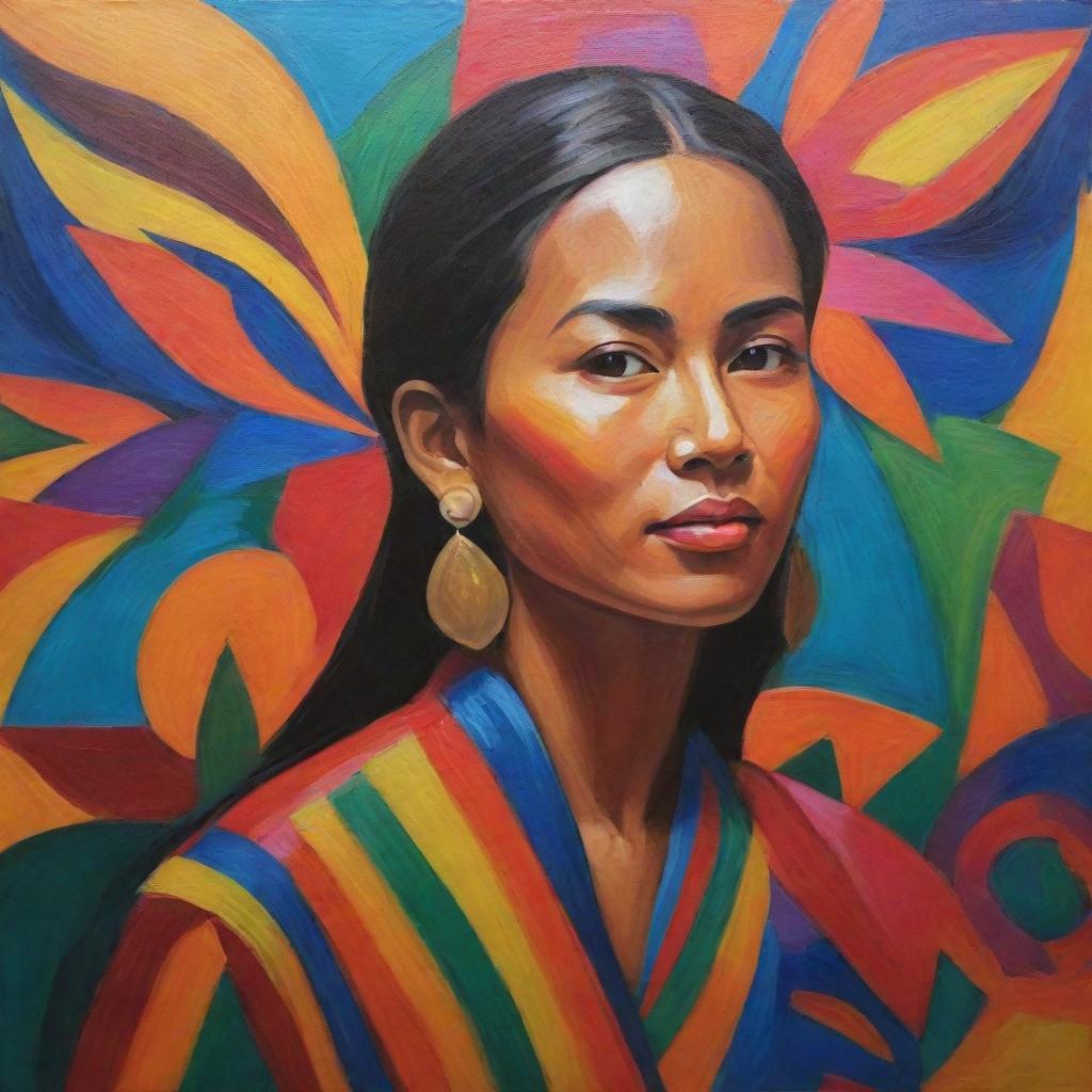 Create a painting that represents contemporary Filipino art, filled with vibrant colors, dynamic shapes, strong cultural elements, and expressive details